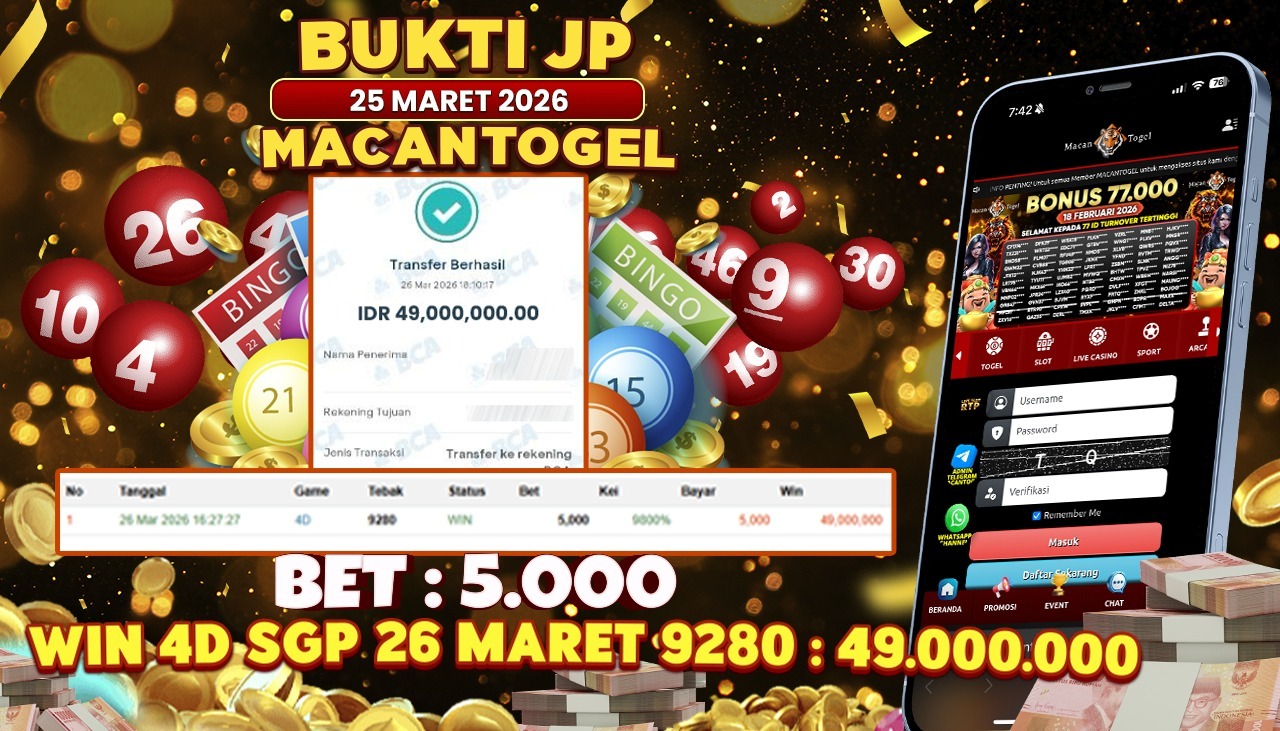 MACANTOGEL JACKPOT PERMAINAN TOGEL 4D SGP Rp.49.000.000,- LUNAS
