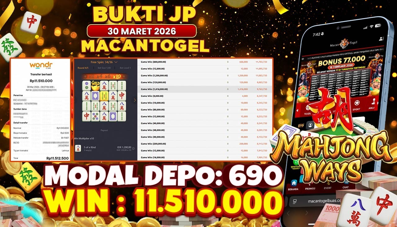 MACANTOGEL JACKPOT PERMAINAN SLOT PG SOFT MAHJONG WAYS Rp.11.510.000,- LUNAS
