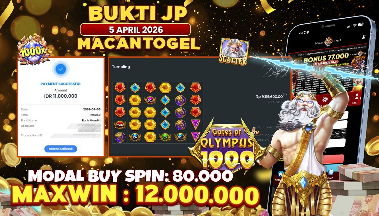 MACANTOGEL JACKPOT PERMAINAN SLOT PRAGMATIC PLAY GATES OF OLYMPUS 1000 Rp.12.000.000,- LUNAS