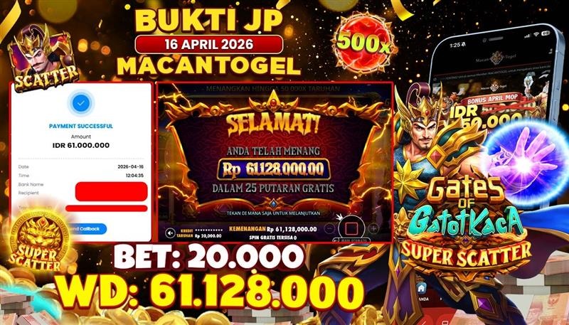 MACANTOGEL JACKPOT PERMAINAN SLOT PRAGMATIC PLAY GATES OF GATOT KACA SUPER SCATTER Rp.61.128.000,- LUNAS