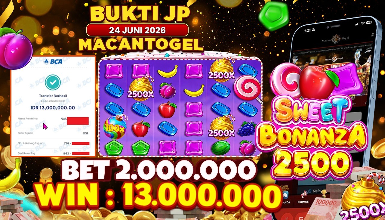MACANTOGEL JACKPOT PERMAINAN CASINO PRAGMATIC PLAY SWEET BONANZA Rp.13.000.000,- LUNAS
