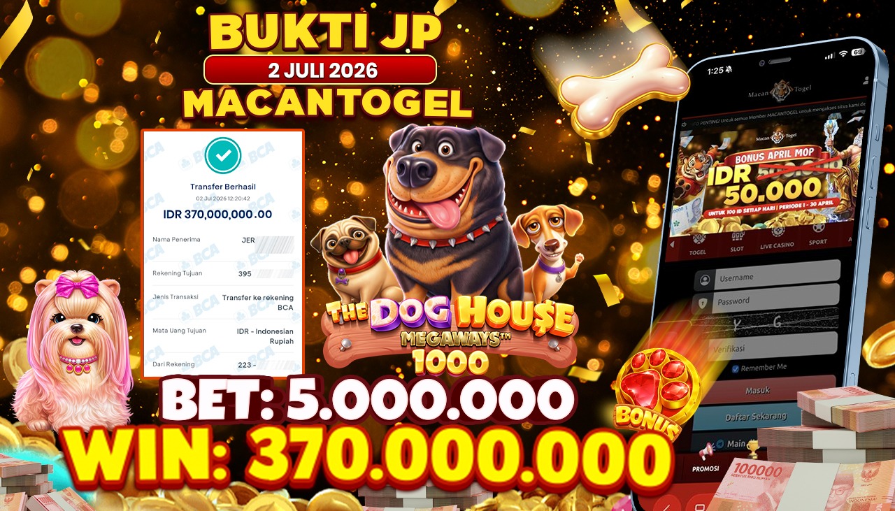 MACANTOGEL JACKPOT PERMAINAN SLOT PRAGMATIC PLAY The Dog House Megaways 1000 Rp.370.000.000,- LUNAS