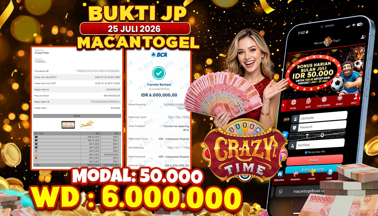 MACANTOGEL JACKPOT PERMAINAN CASINO EVOLUTION Crazy Time Rp.6.000.000,- LUNAS